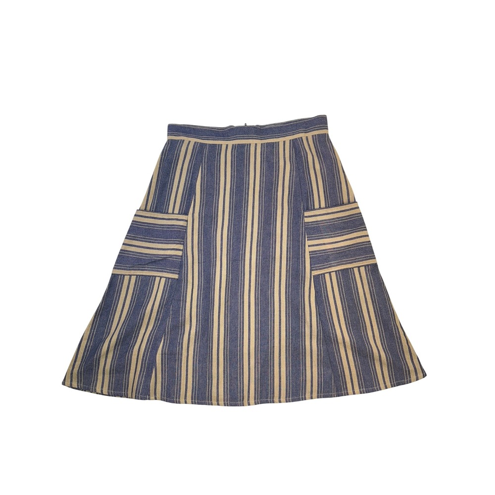 Mata Traders A-Line Skirt Blue Tan Striped Boho Pocket Lightweight Cotton Medium
